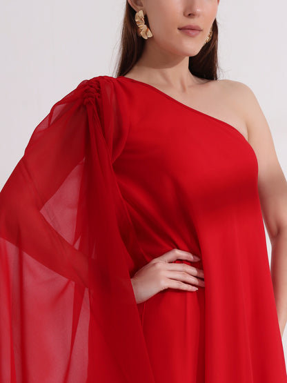 Red Georgette One Shoulder Flared Maxi Dress