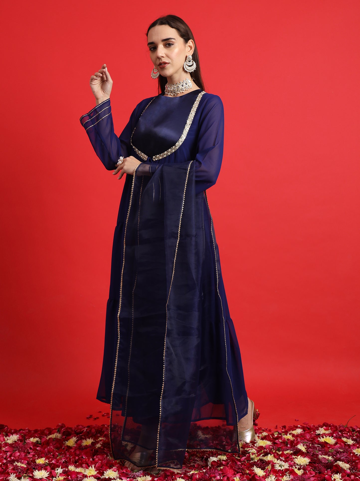 Blue Satin kurta Set with Layered Embellished Overlay