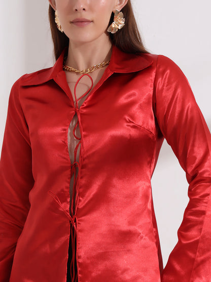 Red Tie-up Collared Satin Shirt