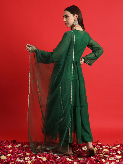 Green Satin kurta Set with Layered Embellished Overlay