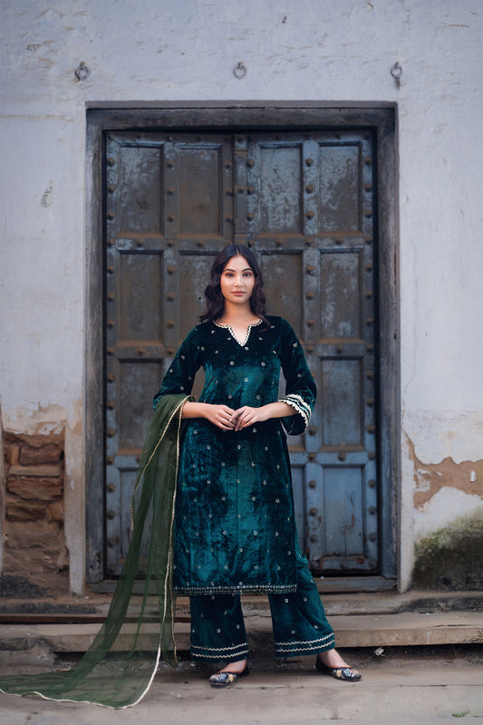 Green Velvet Embellished Kurta Set