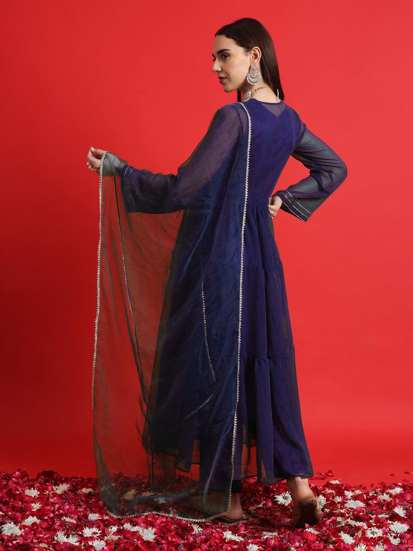 Blue Satin kurta Set with Layered Embellished Overlay