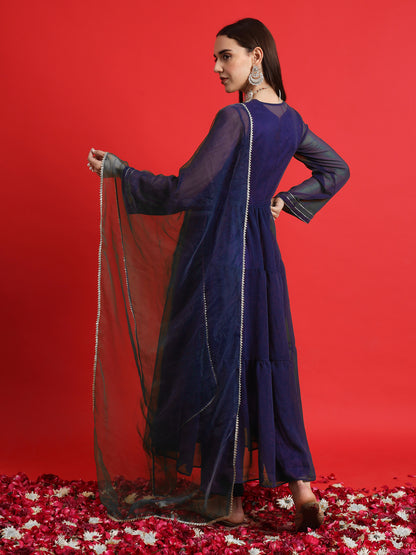 Blue Satin kurta Set with Layered Embellished Overlay