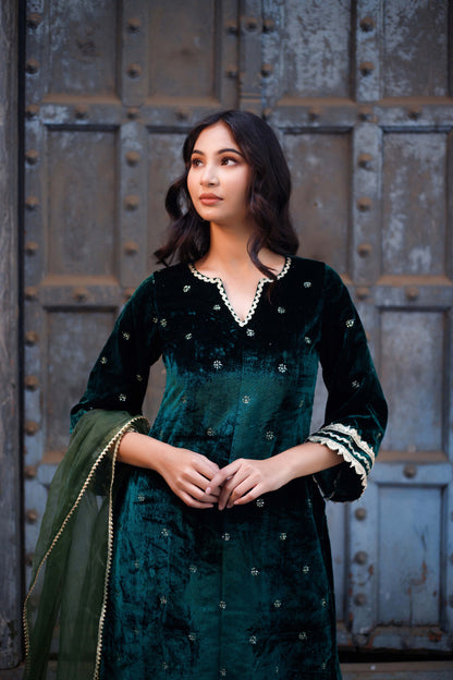 Green Velvet Embellished Kurta Set