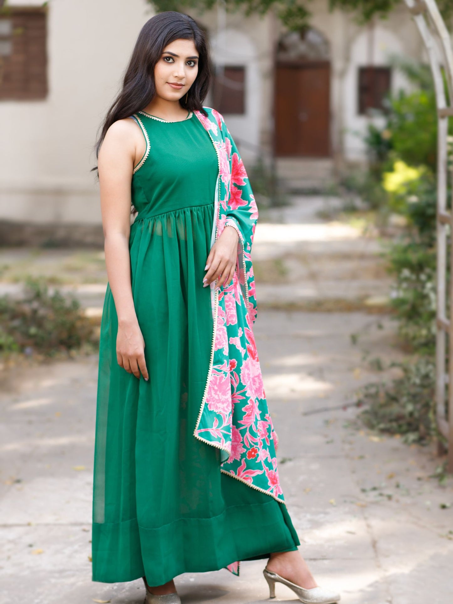 Halter Neck Anarkali Set with Printed Dupatta