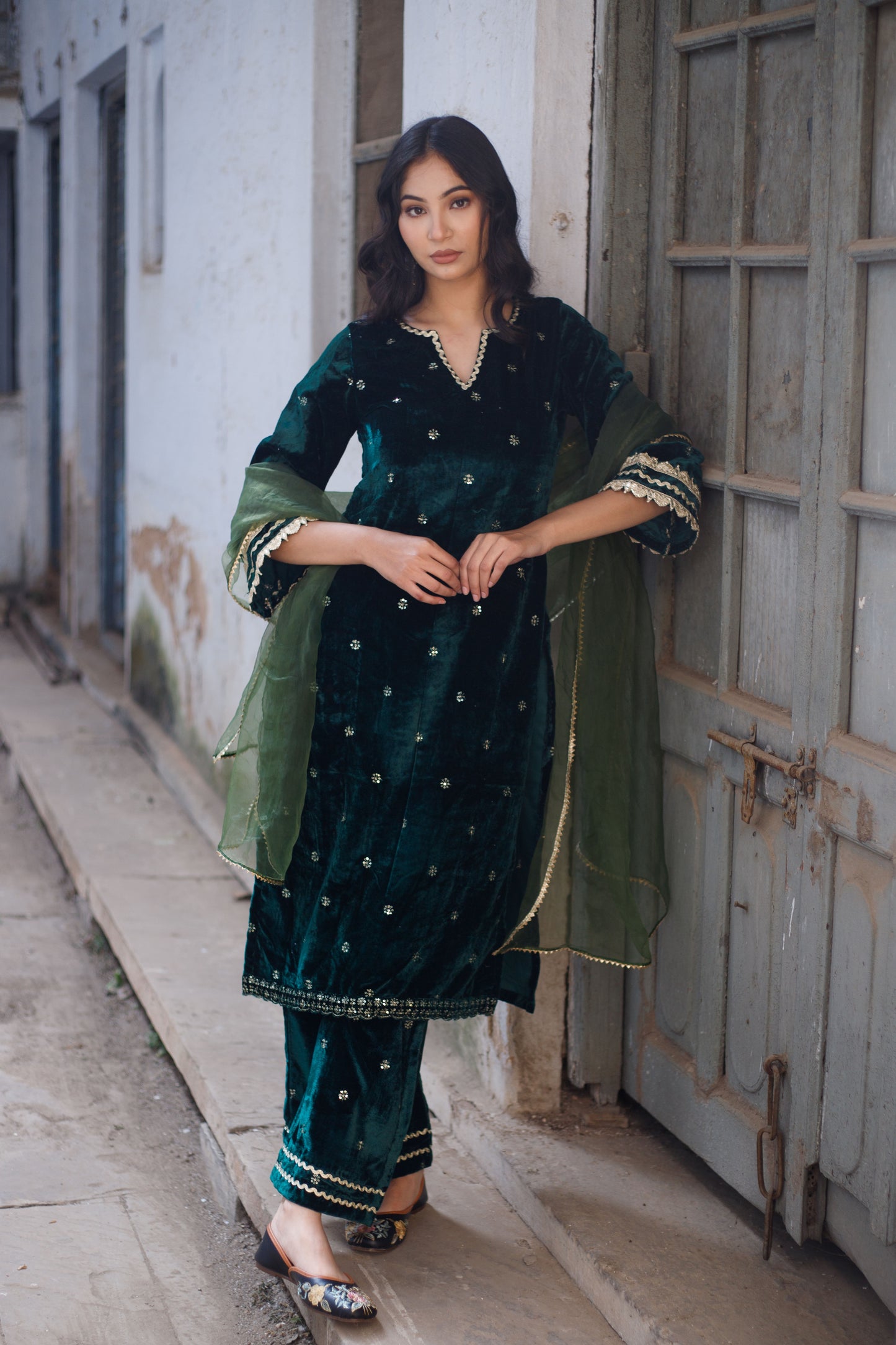 Green Velvet Embellished Kurta Set