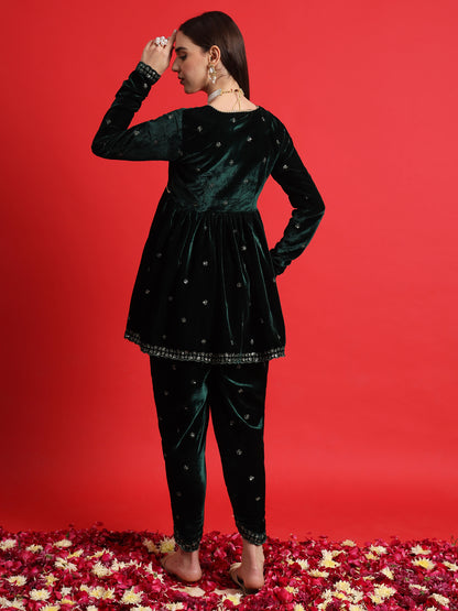 Green Velvet Embroidered Kurta with Tulip Pants