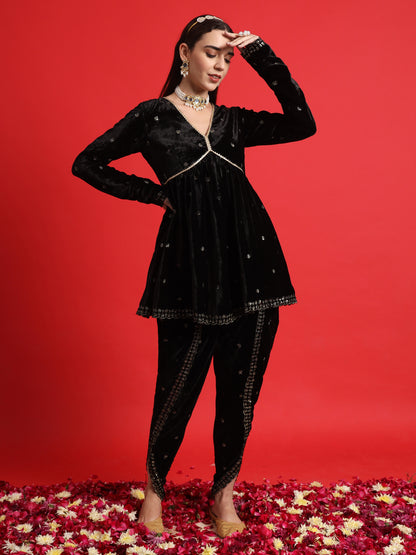 Black Velvet Embroidered Kurta with Tulip Pants