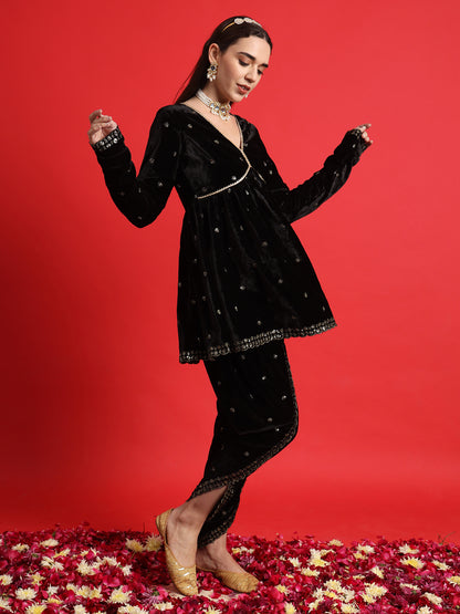 Black Velvet Embroidered Kurta with Tulip Pants