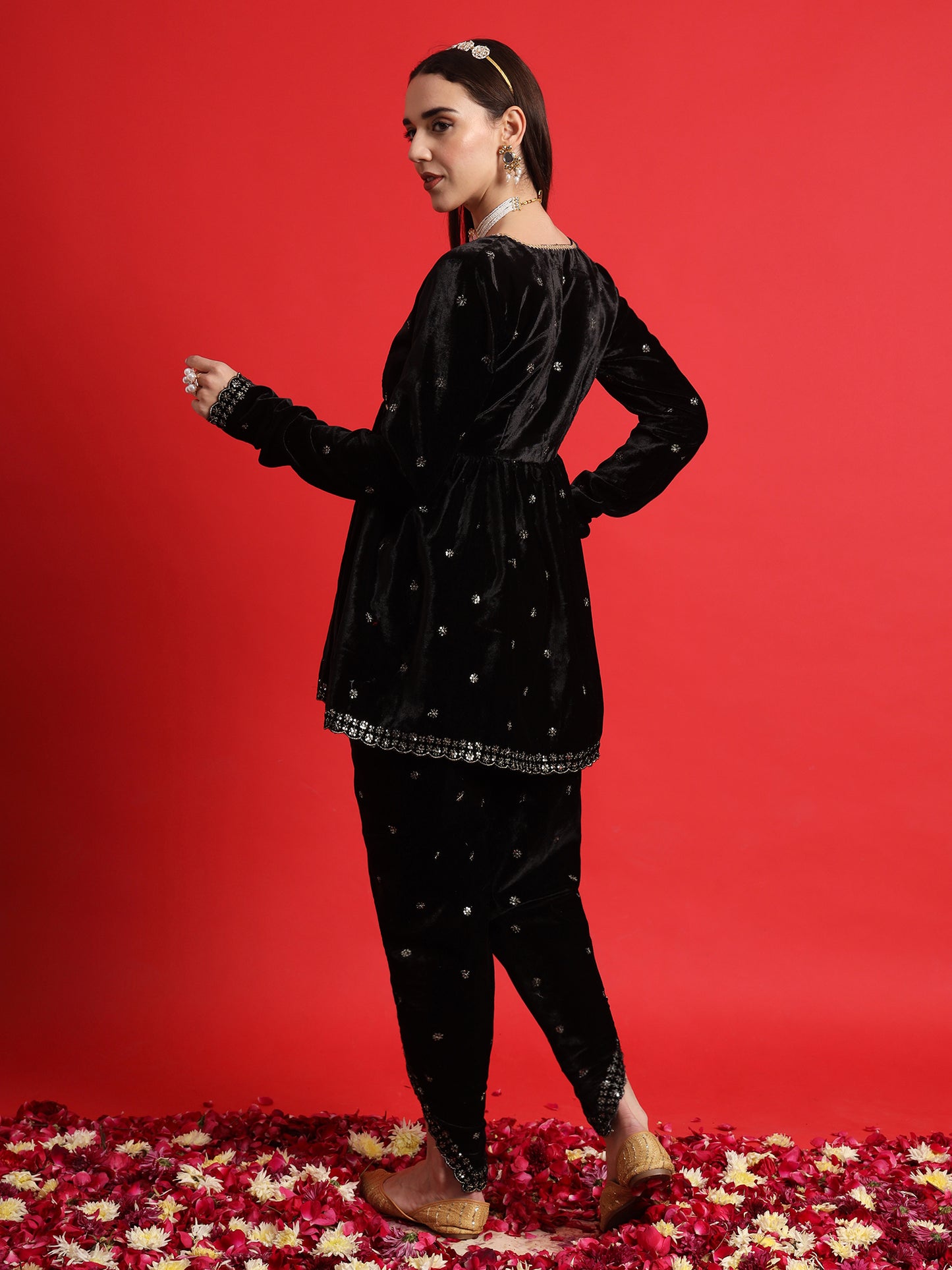 Black Velvet Embroidered Kurta with Tulip Pants