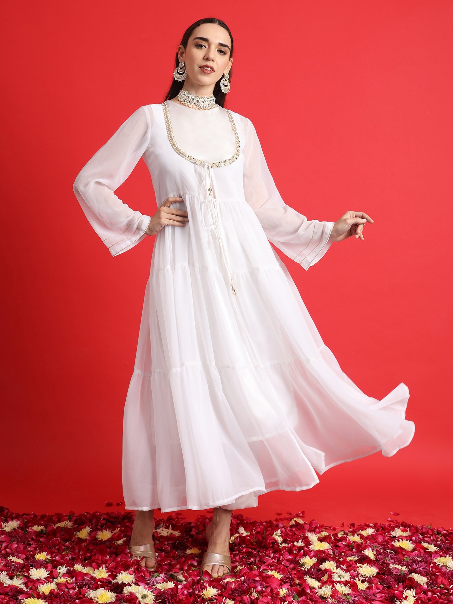 White Satin kurta Set with Layered Embellished Overlay