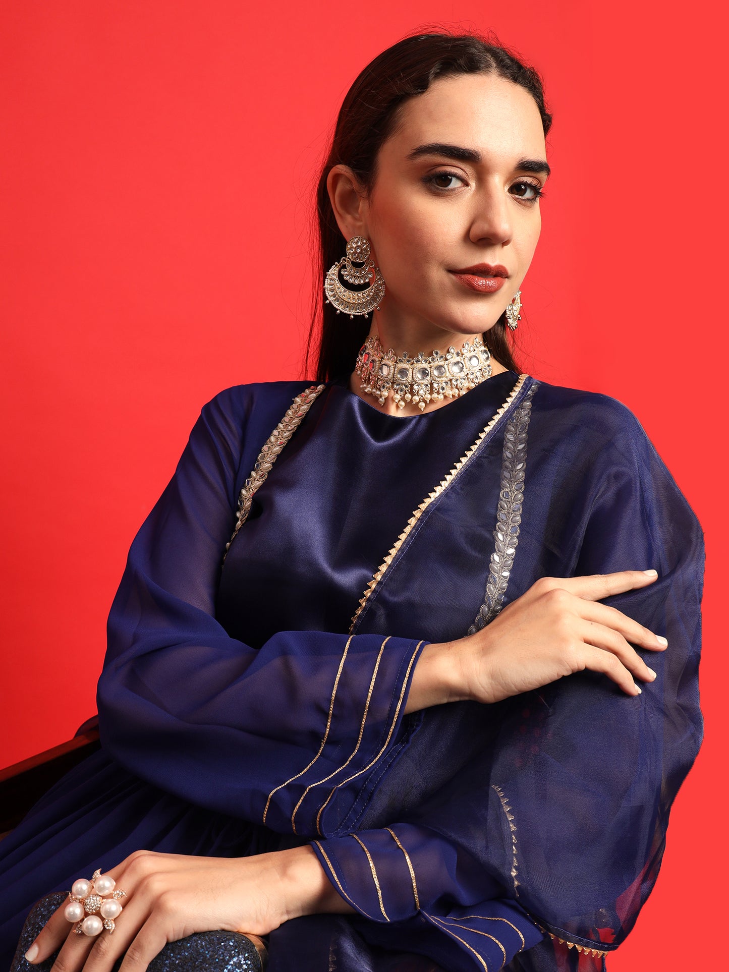 Blue Satin kurta Set with Layered Embellished Overlay