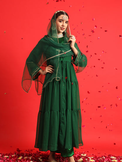 Green Satin kurta Set with Layered Embellished Overlay