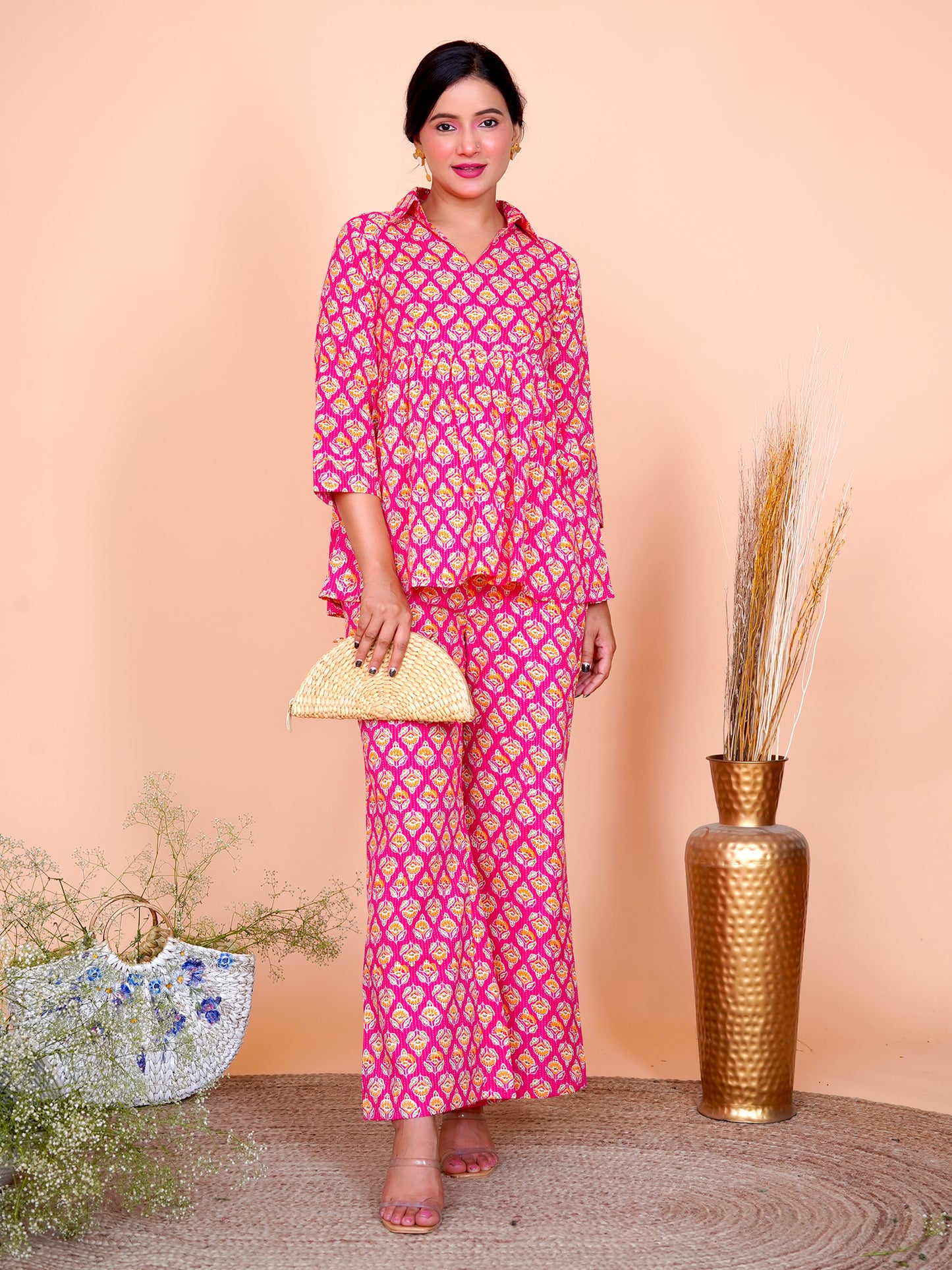 Kantha Embroidered Rani Pink Buti Top and Pant Set