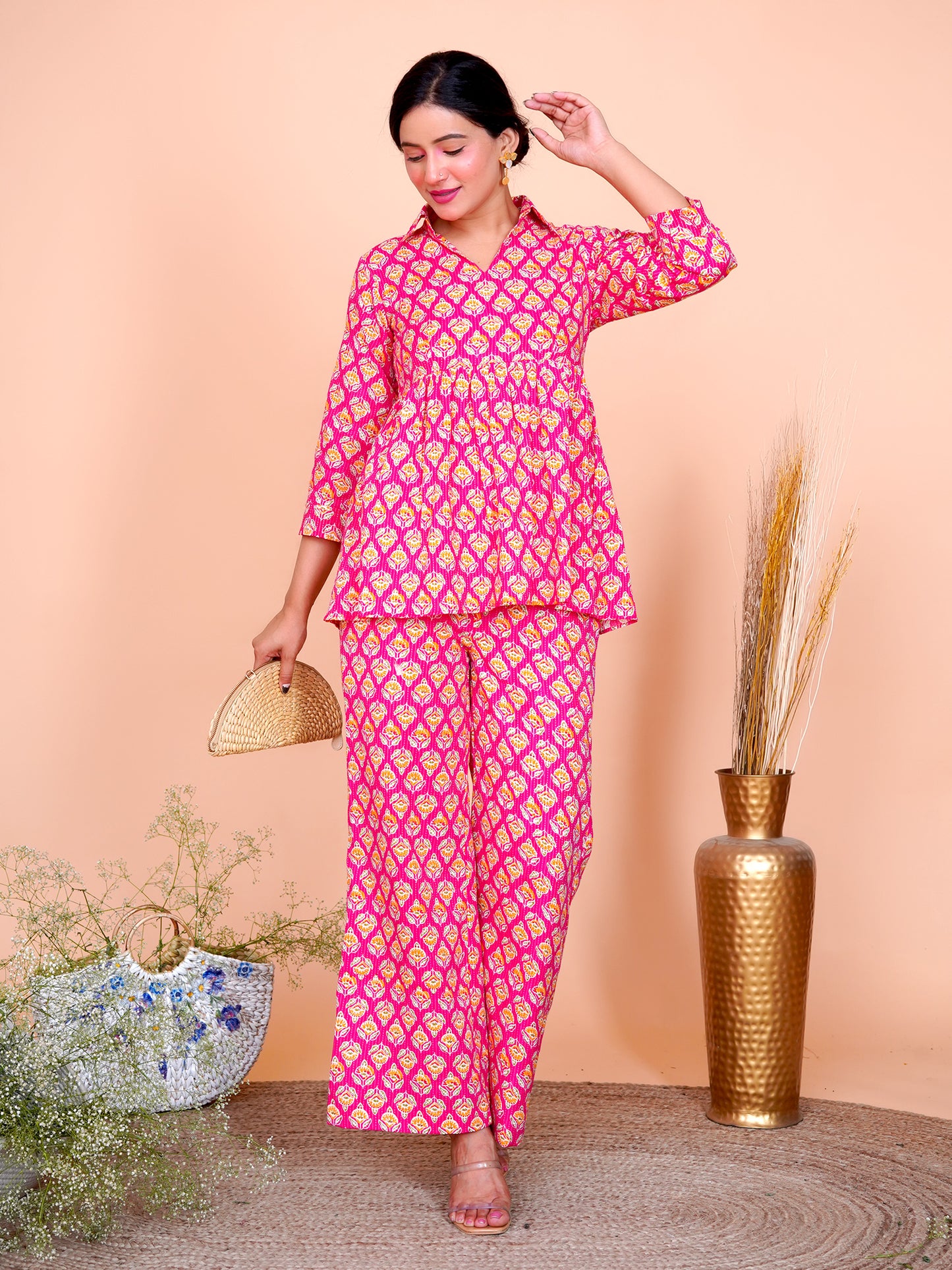 Kantha Embroidered Rani Pink Buti Top and Pant Set