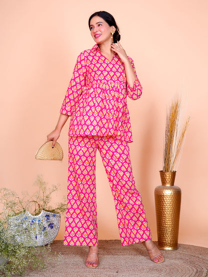 Kantha Embroidered Rani Pink Buti Top and Pant Set