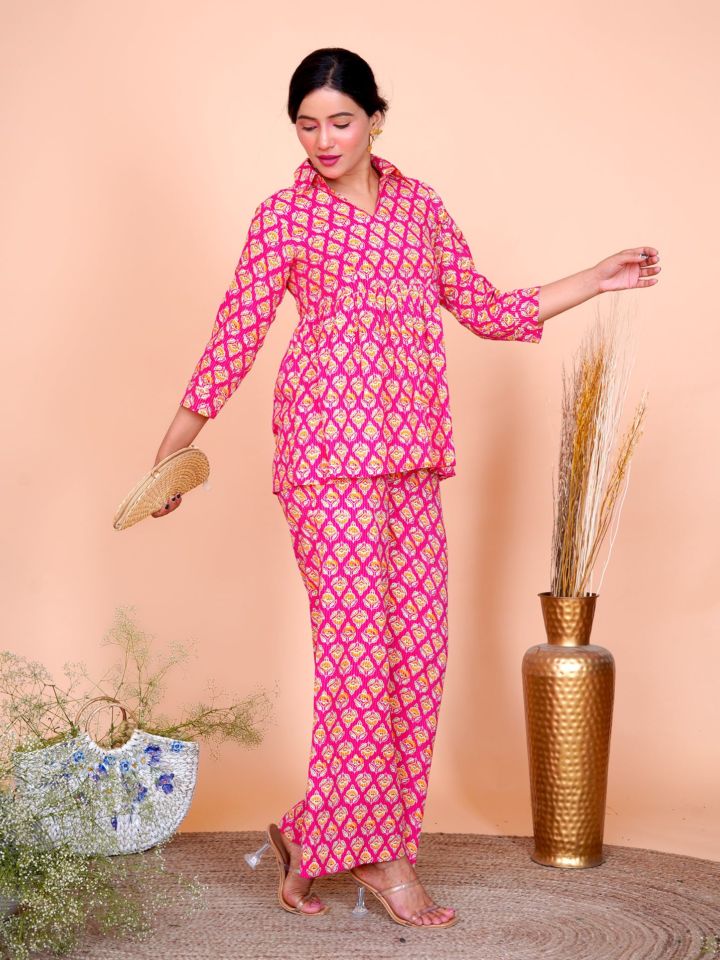 Kantha Embroidered Rani Pink Buti Top and Pant Set