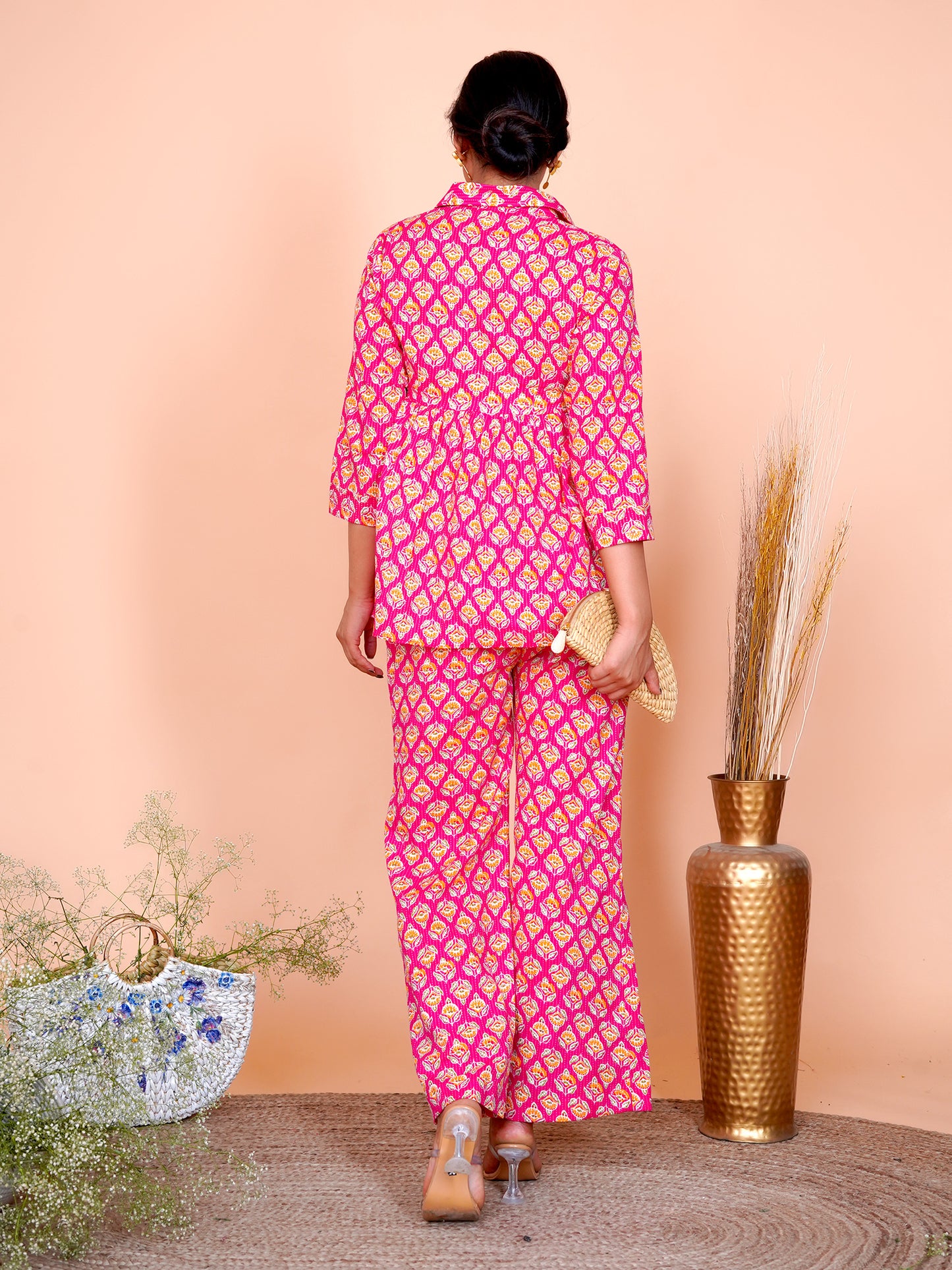 Kantha Embroidered Rani Pink Buti Top and Pant Set