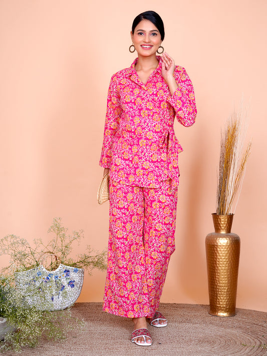 Kantha Embroidered Rani Pink Floral Side Tie-up Blazer with Pant Set