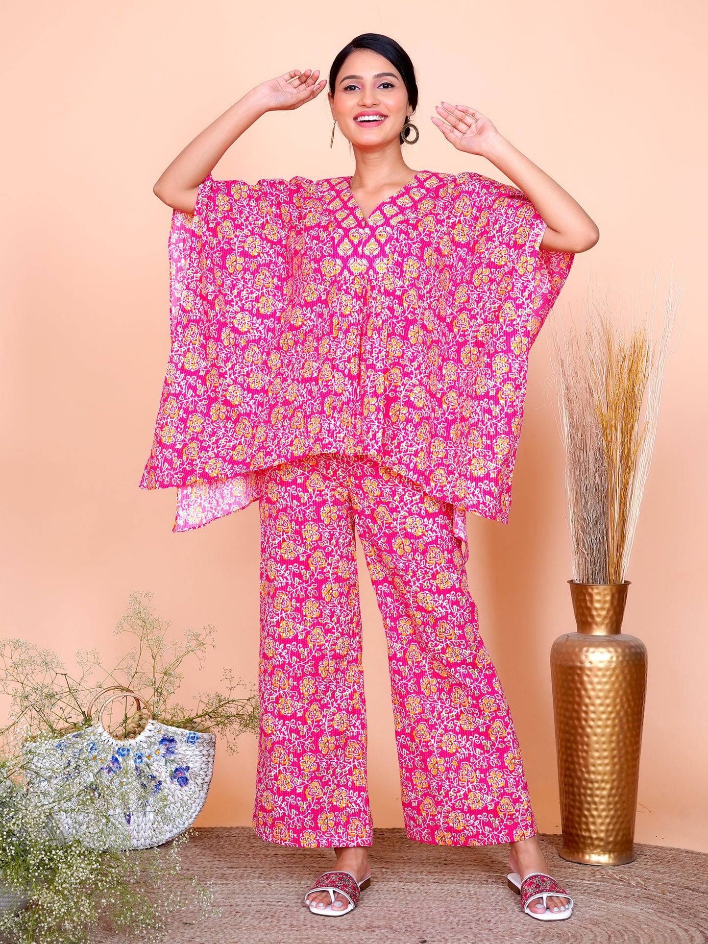 Kantha Embroidered Rani Pink Floral Kaftan with Wide Legged Pant