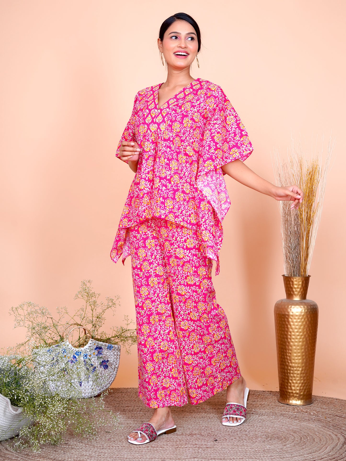 Kantha Embroidered Rani Pink Floral Kaftan with Wide Legged Pant