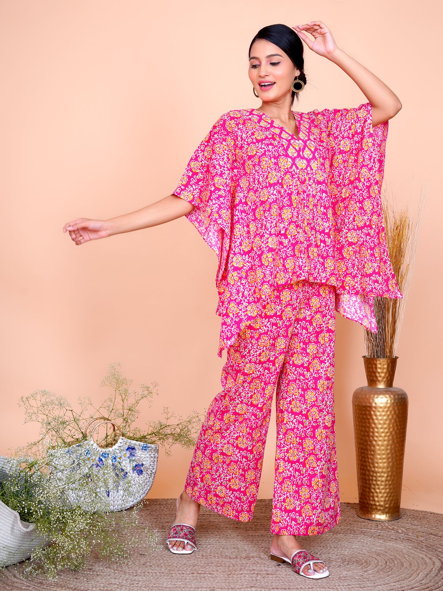 Kantha Embroidered Rani Pink Floral Kaftan with Wide Legged Pant