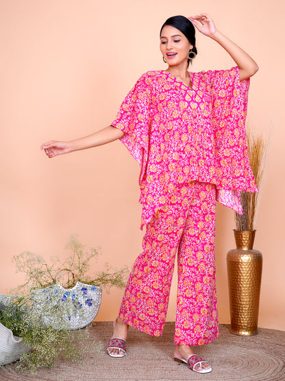 Kantha Embroidered Rani Pink Floral Kaftan with Wide Legged Pant