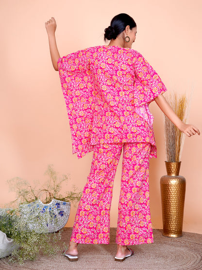 Kantha Embroidered Rani Pink Floral Kaftan with Wide Legged Pant