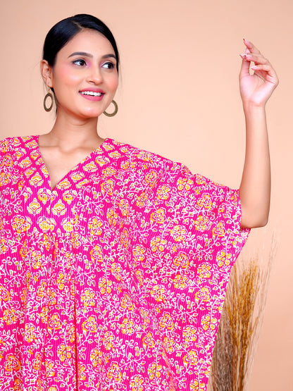 Kantha Embroidered Rani Pink Floral Kaftan with Wide Legged Pant