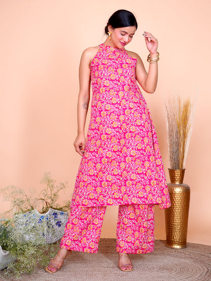 Kantha Embroidered Rani Pink Floral Halter Neck Kurti with Palazzo Set