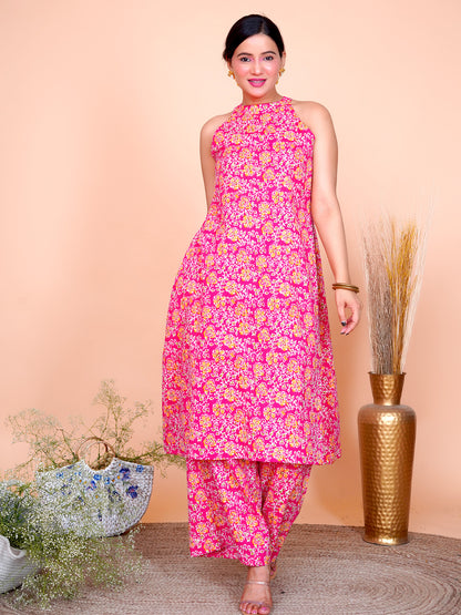 Kantha Embroidered Rani Pink Floral Halter Neck Kurti with Palazzo Set