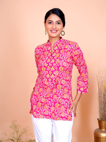 Kantha Embroidered Rani Pink Floral Short Kurta