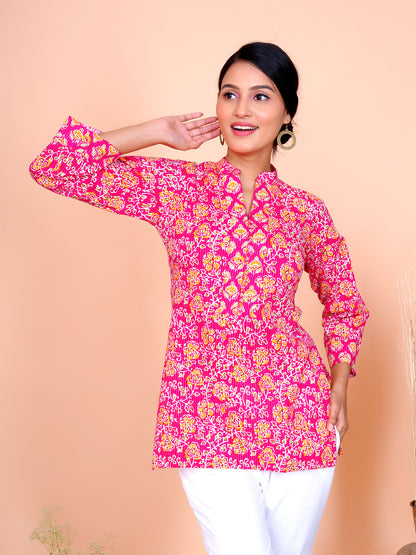 Kantha Embroidered Rani Pink Floral Short Kurta