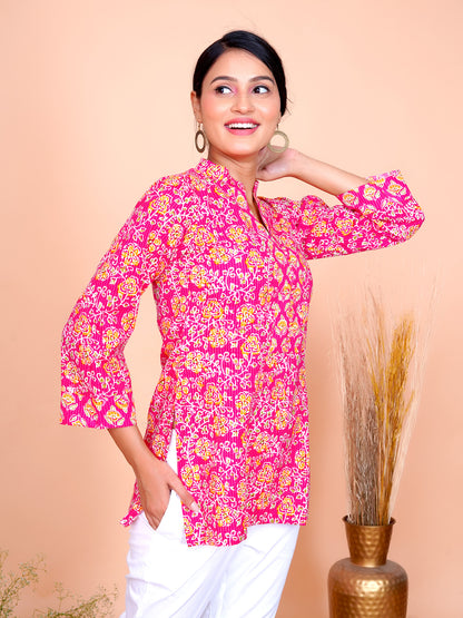 Kantha Embroidered Rani Pink Floral Short Kurta