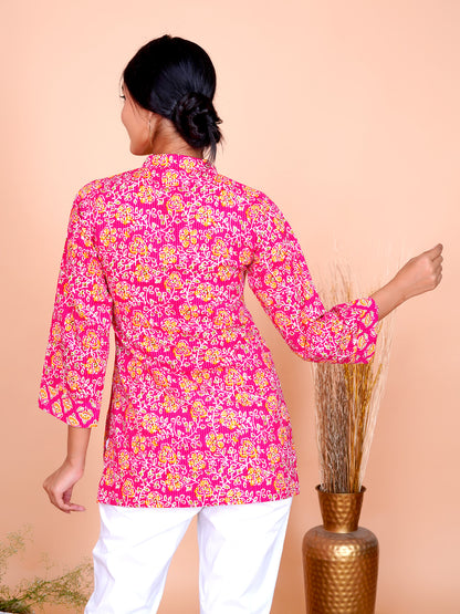 Kantha Embroidered Rani Pink Floral Short Kurta