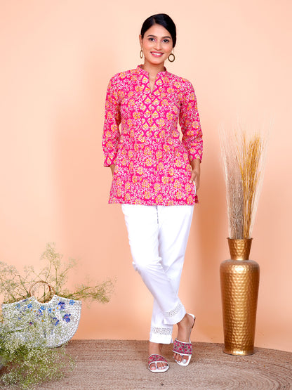 Kantha Embroidered Rani Pink Floral Short Kurta