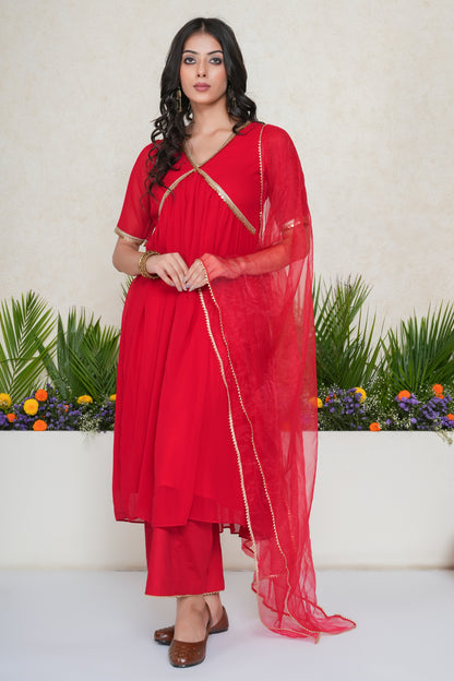 Red Embellished Anarkali Kurta Set