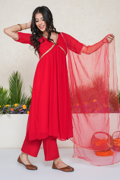 Red Embellished Anarkali Kurta Set