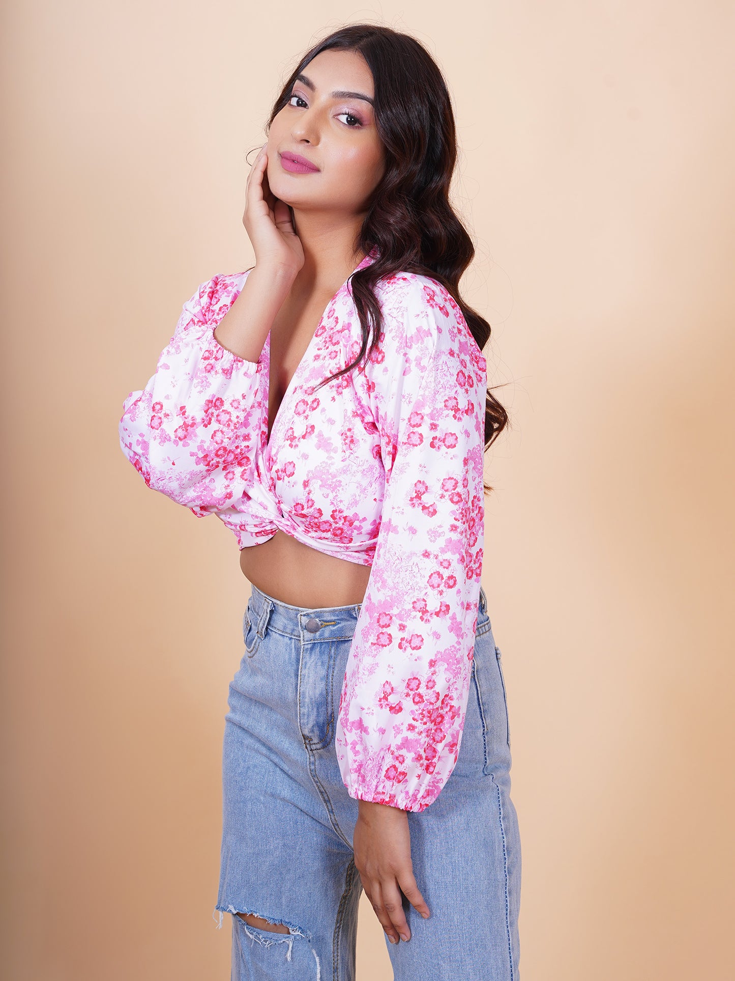 White & Pink Floral Twisted Top