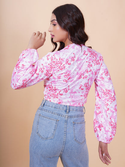 White & Pink Floral Twisted Top