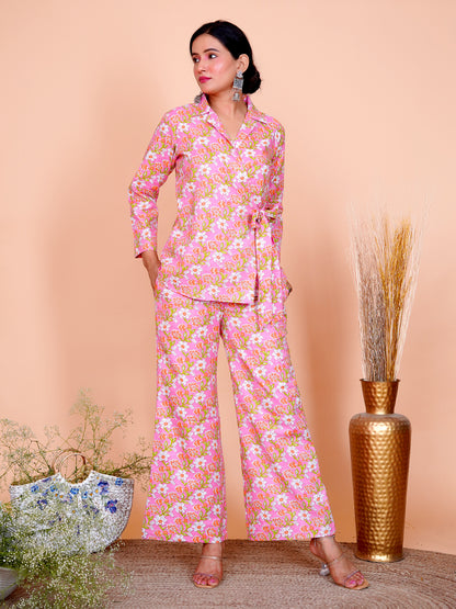 Kantha Embroidered Pink Floral Side Tie-up Blazer with Pant Set