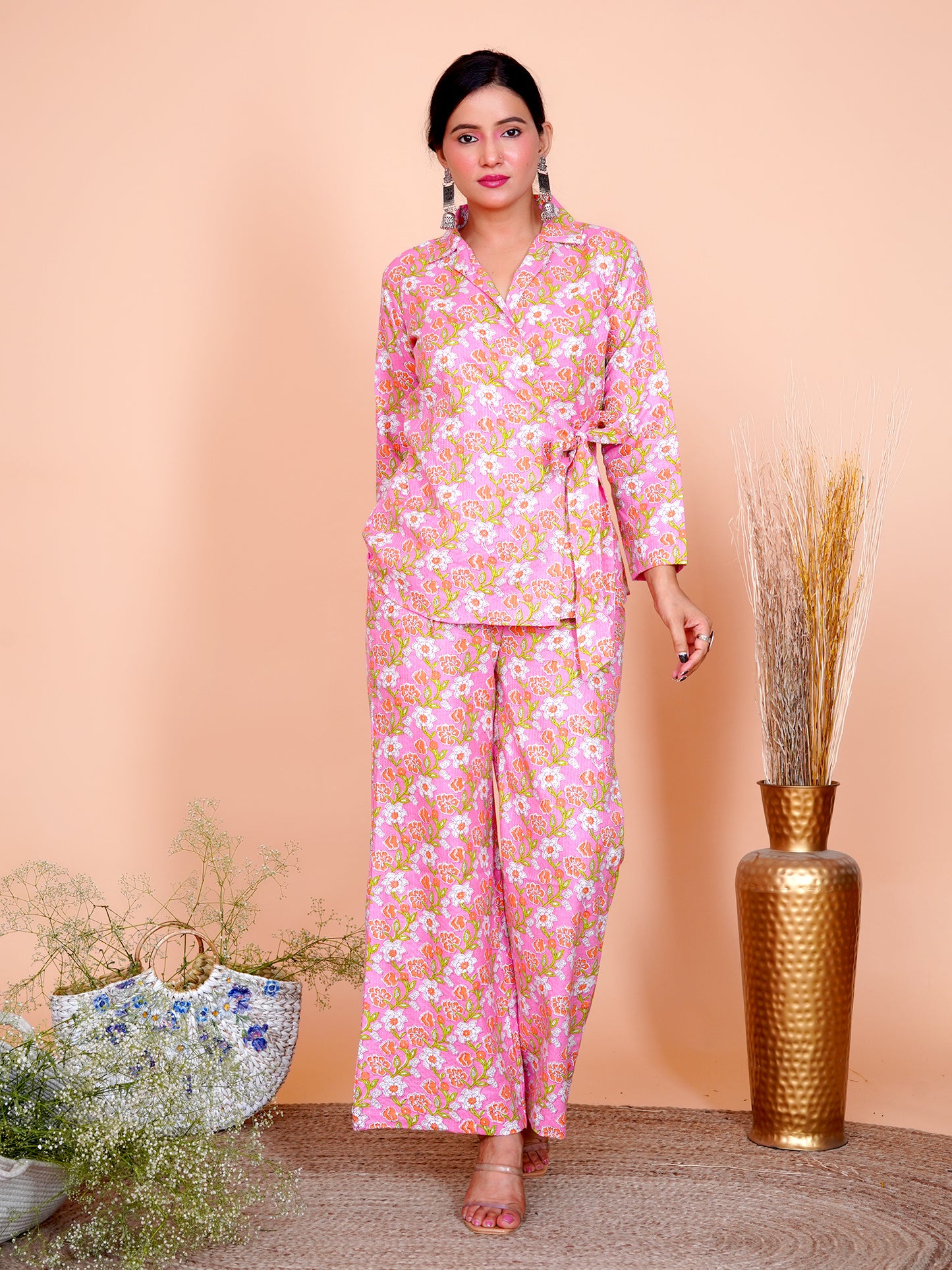 Kantha Embroidered Pink Floral Side Tie-up Blazer with Pant Set