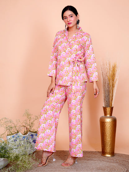 Kantha Embroidered Pink Floral Side Tie-up Blazer with Pant Set