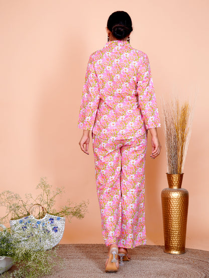 Kantha Embroidered Pink Floral Side Tie-up Blazer with Pant Set