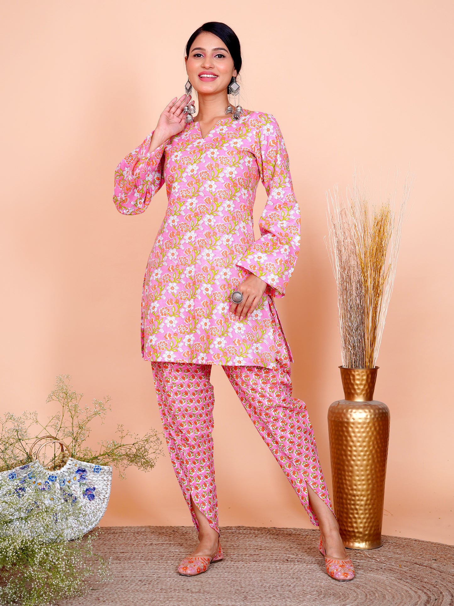 Kantha Embroidered Pink Floral Cotton Bell Sleeves Kurta