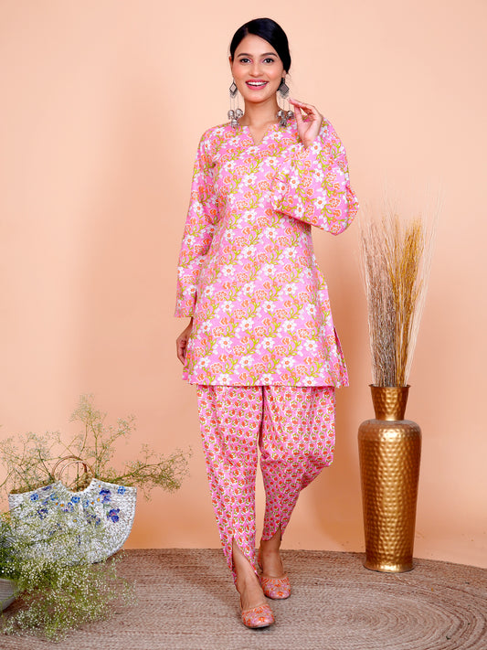 Kantha Embroidered Pink Floral Cotton Bell Sleeves Kurta