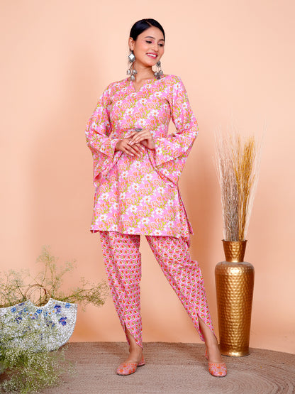 Kantha Embroidered Pink Floral Cotton Bell Sleeves Kurta