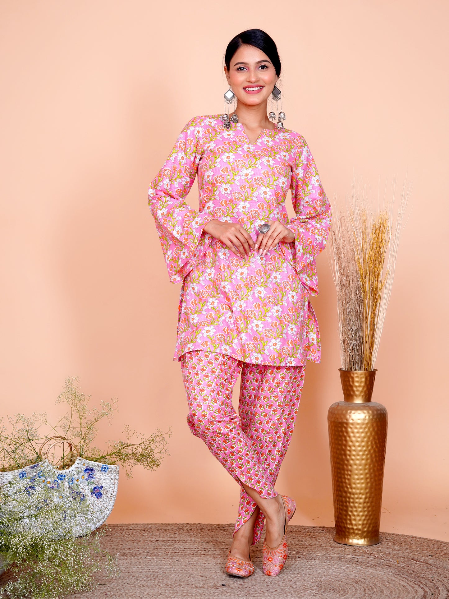 Kantha Embroidered Pink Floral Cotton Bell Sleeves Kurta