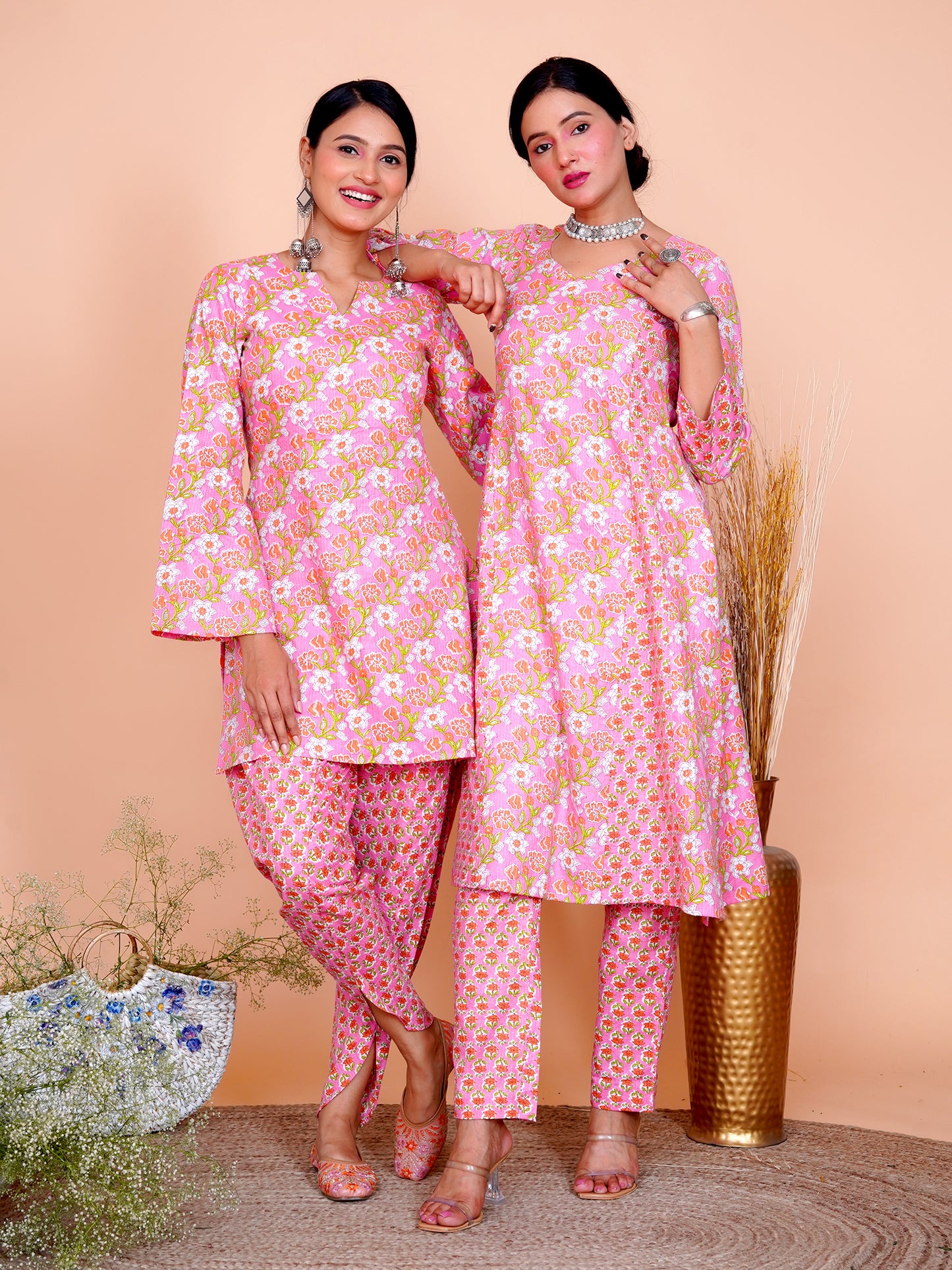 Kantha Embroidered Pink Floral Cotton Bell Sleeves Kurta