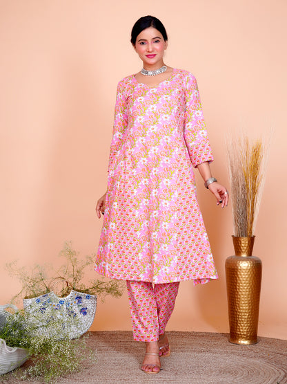 Kantha Embroidered Pink Floral A-Line Kurta Set